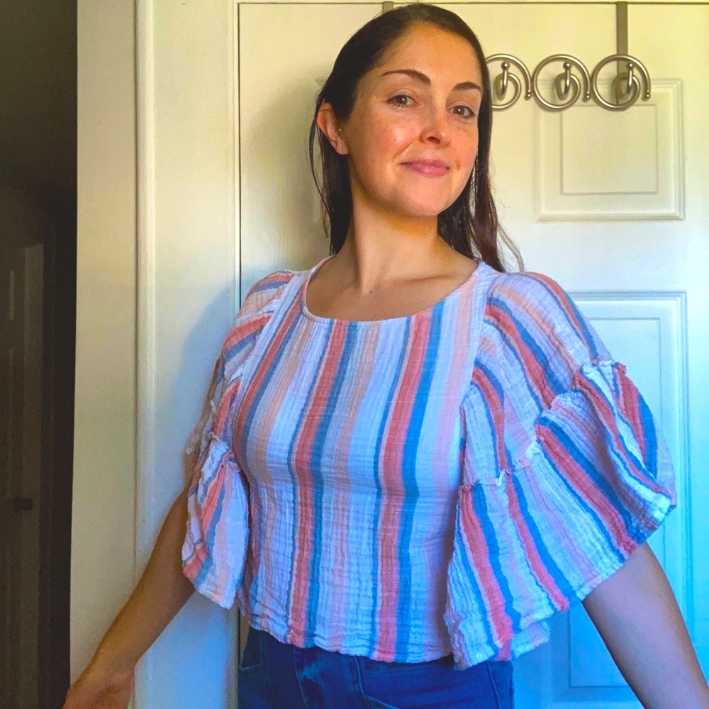 American Eagle White Striped Cotton Blouse with Bell Sleeves S EUC
